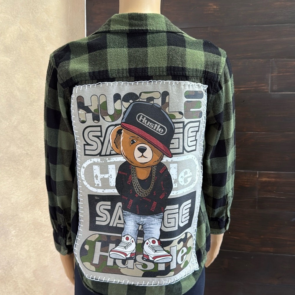 Upcycled Wonder Nation (Hustle) Green/Black Flannel Shacket Kid's 10-12